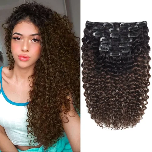 Miniatura 14 de Caliee - Extensiones de cabello rizado con clip 3B 3C Jerry, extensiones de clip de cabello rizado 14 pulgadas 1B color natural, extensiones