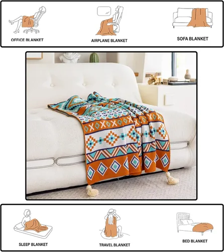 Miniatura 7 de Manta bohemia para el hogar, suave y que no se desprende, azul y naranja, acogedora manta ligera para todas las estaciones para uso en interiores