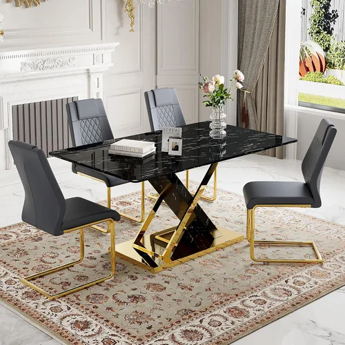 Miniatura 26 de Juego de mesa de comedor de mármol para mesa rectangular blanca de 4.63 pulgadas con marco de metal plateado en forma de X y 4 sillas de comedor