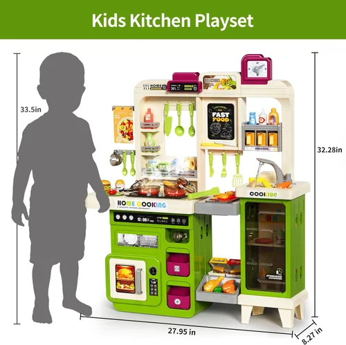 Miniatura 5 de Pupu Pig Juego de cocina para niños, cocina de juego con estufa de juguete, parrilla, fregadero, comida de juguete, accesorios de cocina, juego