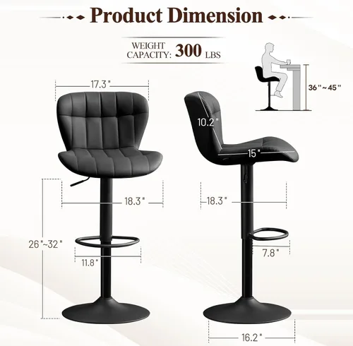 Miniatura 2 de Furniliving - Juego de 4 taburetes modernos de bar, taburetes de bar de piel sintética para isla de cocina, taburetes de bar giratorios tapizados