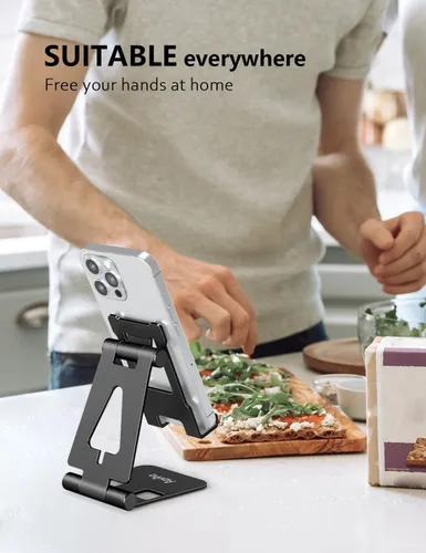 Miniatura 7 de Aoviho Soporte plegable para teléfono celular para escritorio, soporte ajustable para oficina, videollamadas y transmisión, base de teléfono de Negro