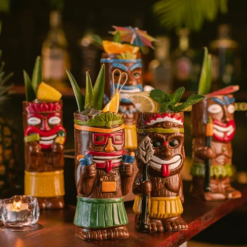 Miniatura 5 de Juego de 2 tazas Tiki con posavasos y pajitas, estilo exótico