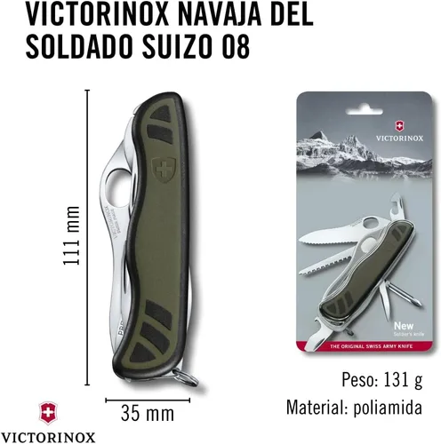 Miniatura 5 de Victorinox - Cuchillo suizo para soldado 08, 10 funciones, color oliva/negro Large one-handed lock blade with wavy edge, wood saw, screwdrivers
