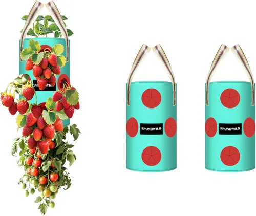 Paquete de 3 bolsas colgantes de fresas, bolsas de cultivo colgantes de 1 galón con agujero de plantación inferior, maceta de fresa de polietileno