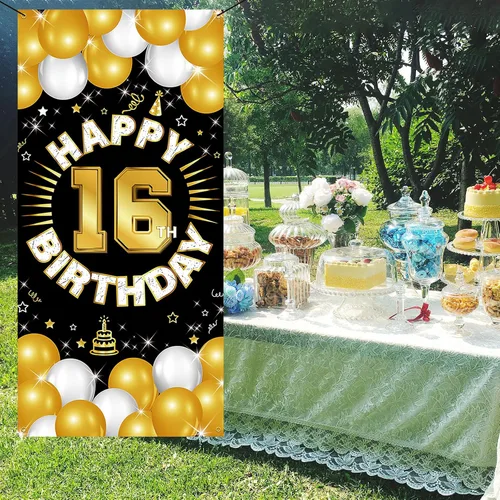 Miniatura 7 de Decoraciones de feliz cumpleaños número 16 para niños y niñas, pancarta de tela para cumpleaños de 16 años, suministros de fiesta de dieciséis años