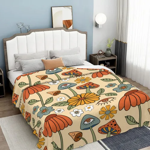 Miniatura 9 de Manta de hongos florales retro de los años 70, mantas suaves de franela para cama, acogedora y ligera, regalos de felpa para mujeres, hombres