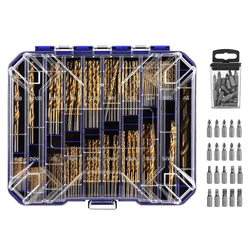 Miniatura 10 de Juego de 230 brocas helicoidales de titanio, acero de alta velocidad con punta de 135°, tamaño de 3/64" hasta 1/2", ideal para perforación
