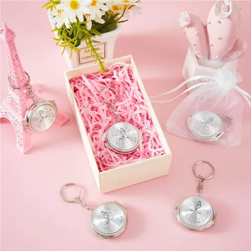 Miniatura 3 de Nosiny 100 juegos de recuerdos de fiesta de quinceañera para invitados, llavero compacto plateado con bolsa de organza blanca, regalo de cumpleaños