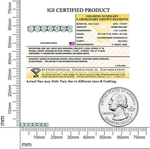Miniatura 4 de 14 quilates 1 quilate Oro blanco de 10 quilates y plata de ley 925 Pulsera de diamante de media tenis cultivada en laboratorio GH-SI1 de calidad