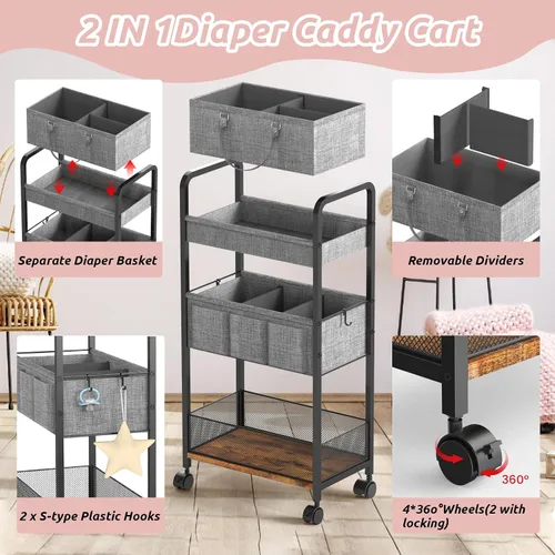 Miniatura 6 de LIDTOP Carrito de pañales 2 en 1 y carrito de pañales rodante de 3 niveles, carrito organizador de pañales con divisores, carrito móvil de metal
