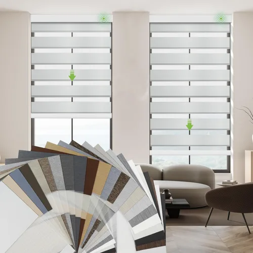 Miniatura 15 de Persianas motorizadas de cebra con control remoto, funcionan con HomeKit Alexa, cortinas eléctricas automáticas para ventanas, 60% opacas, filtro