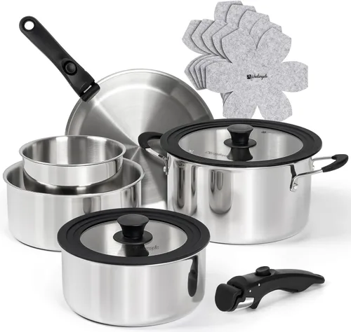 Michelangelo Juego de utensilios de cocina de acero inoxidable de tres capas de 14 piezas con mango desmontable, juego de utensilios de cocina de