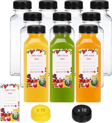 Miniatura 12 de SUPERLELE 10 botellas de plástico para jugo de 12 onzas con 10 tapas negras y 10 tapas azules, recipientes de jugo reutilizables con tapas
