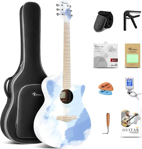 Miniatura 16 de Rosen Guitarra acústica Dreadnought de tapa sólida de 104 cm con abeto, para principiantes, con libro, bolsa acolchada, cuerdas, púas, llave Azul