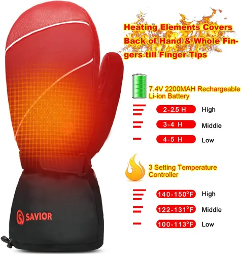 Miniatura 2 de SAVIOR HEAT Guantes de esquí calentados con 3 dedos, guantes eléctricos con batería recargable para hombres, mujeres, niños, invierno, snowboard
