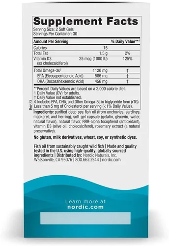 Miniatura 2 de Nordic Naturals Ultimate Omega Mini D3, sabor a limón, 60 mini geles suaves, 1120 mg de omega-3 + 1000 UI de vitamina D3, EPA y DHA, promueve