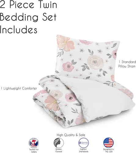 Miniatura 5 de Sweet Jojo Designs Juego de edredón individual de 2 piezas (rosa y gris bohemio floral) para niñas, niños, adolescentes, dormitorio universitario