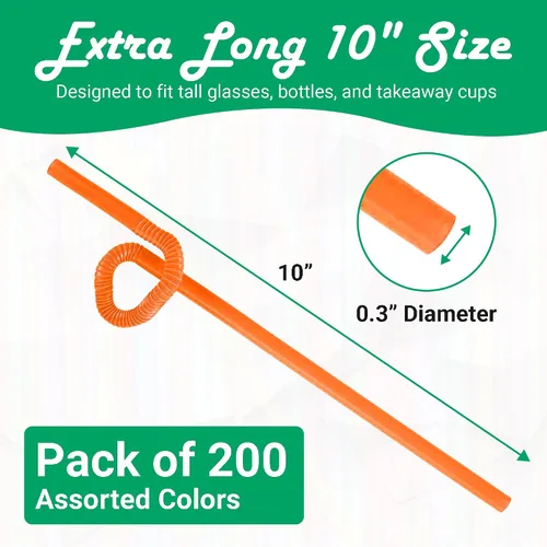 Miniatura 2 de Concession Essentials Surtido de pajitas de plástico flexibles artísticas de 10 pulgadas – 200 popotes de colores envueltos en neón flexibles