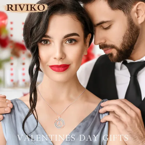 Miniatura 3 de RIVIKO Regalos de San Valentín para ella, collares de plata esterlina 925 con inicial de círculo de rosas, collares con dije de letra inicial