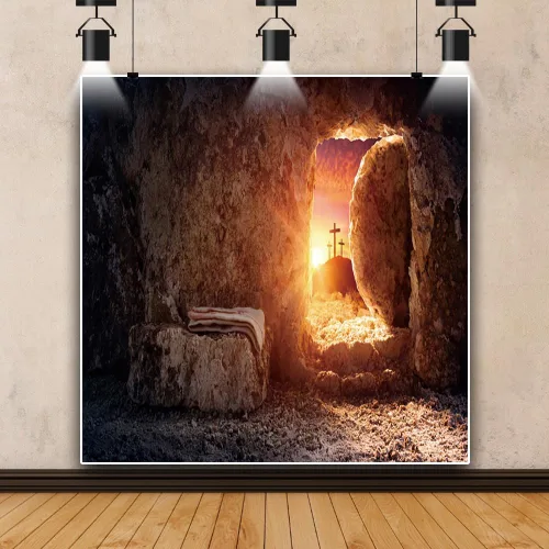 Miniatura 13 de Fondo de fotografía de tumba vacía de 6 x 4 pies, puesta de sol con luz sagrada, tres cruces en la montaña, Jesucristo, agujero de piedra, telón