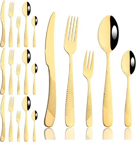Miniatura 13 de JASHII Rainbow - Juego de cubiertos martillados, 20 piezas de utensilios de cocina de acero inoxidable de alta calidad, para 4, incluye tenedor