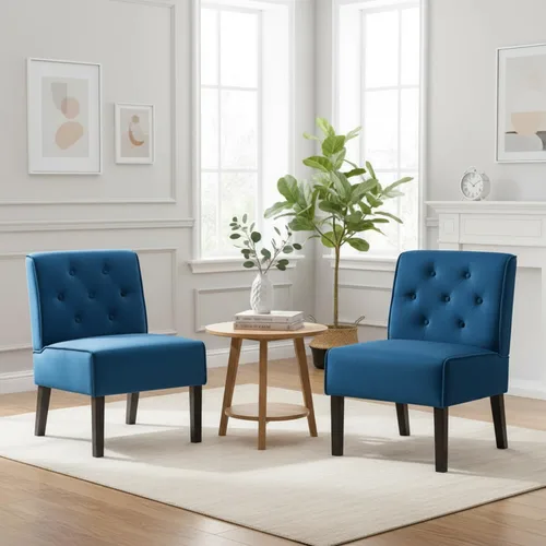 Container Furniture Direct Reese - Silla moderna de mediados de siglo para sala de estar, sin brazos, con botones y patas de madera maciza, 2 Azul