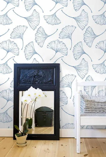 CiCiwind Papel tapiz autoadhesivo para despegar y pegar, diseño moderno de hojas de ginkgo azul, papel de pared extraíble, grueso y texturizado