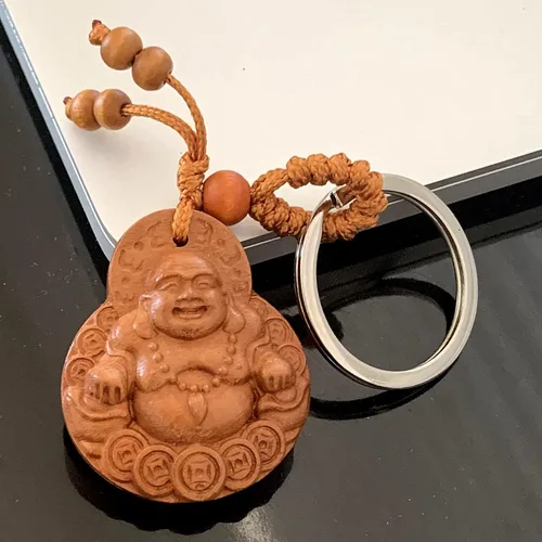 Miniatura 3 de Betterdecor Feng Shui Peach Wood Money Happy Laughing Buddha Key Ring Amulet for Wealth Luck