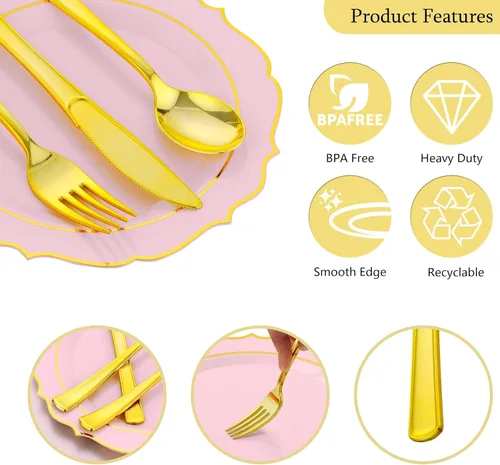 Miniatura 4 de 175 PCS Platos de Plástico Rosa para 25 Invitados, Juego de Vajilla Desechable Rosa y Dorado para Fiestas y Bodas Incluye 25 Platos de Cena y 25