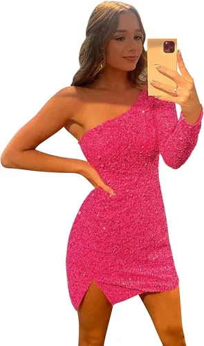 Stylefun Vestido corto brillante de una sola manga con lentejuelas para adolescentes, vestido de cóctel de graduación CYM083