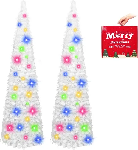 Miniatura 7 de MACTING Árbol de Navidad desplegable con 50 luces LED con temporizador, 5 pies, árbol de lápiz de oropel plegable de fácil montaje, árbol artificial