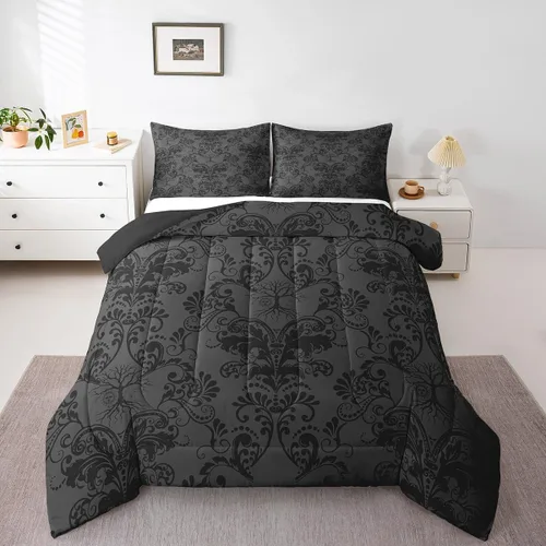 Miniatura 34 de Erosebridal - Juego de ropa de cama damascada negra para adultos, conjunto de edredón victoriano antiguo estilo barroco, tamaño queen, edredón Multi