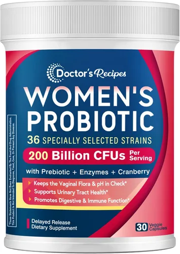 Doctor's Recipes Probióticos para mujeres, 200B CFU 36 cepas, con prebióticos, enzimas y arándano, urinario vaginal digestivo e inmunológico,