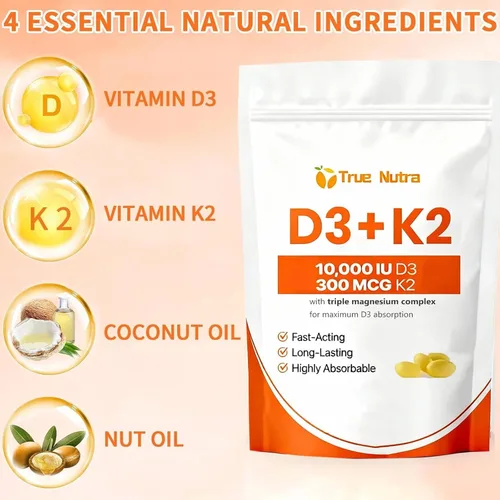 Miniatura 6 de D3 K2, vitamina D3 K2 Suplemento de magnesio de 10,000 UI, sin OMG, sin gluten, apoya el sistema inmunológico y la energía, 300 cápsulas blandas
