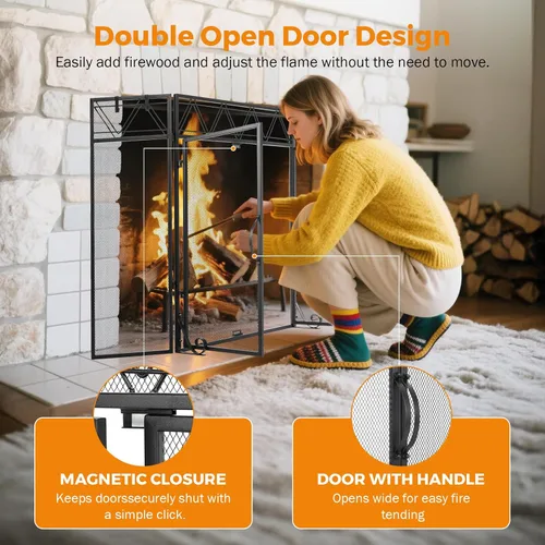 Miniatura 4 de BEAMNOVA - Pantalla para chimenea de 50.2 x 34.3 pulgadas, color negro, con puertas y herramientas, protector contra chispas de 3 paneles, plegable