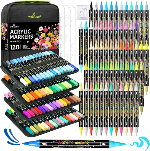 WINSONS Marcadores de pintura acrílica de 120 colores, juego de marcadores acrílicos permanentes de doble punta, bolígrafos de pintura con punta de