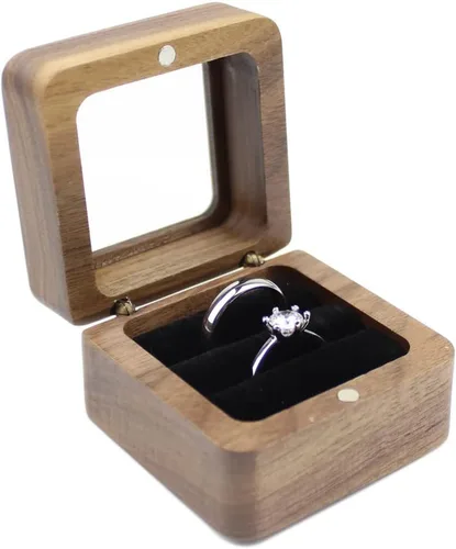 Miniatura 3 de Caja de anillos de madera cuadrada rústica con tapa transparente, para parejas, caja de compromiso, boda, dos ranuras, terciopelo negro