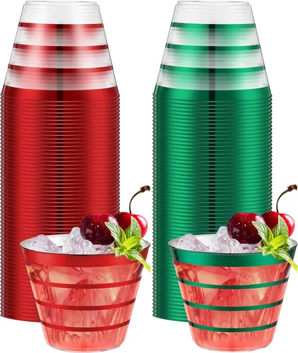 Gejoy 100 vasos de plástico de 9 onzas con borde de Navidad a rayas, desechables a granel, vasos de plástico duro para beber, vasos para bodas, Rojo