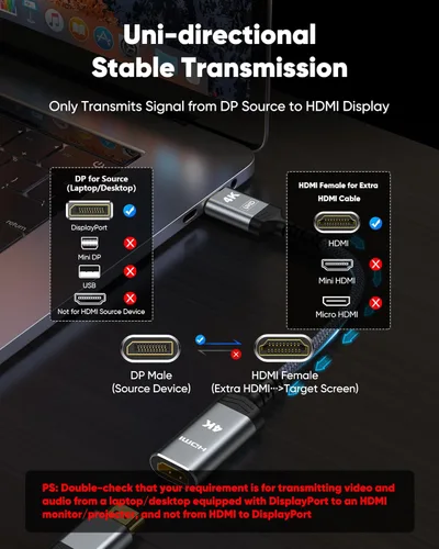 Miniatura 6 de Highwings Adaptador de DisplayPort 4K a HDMI, Unidireccional DP 1.2 de Computadora a Pantalla HDMI 2.0, Adaptador de DisplayPort a HDMI
