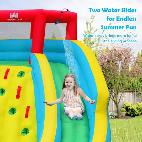 Miniatura 8 de OLAKIDS Tobogán acuático inflable, parque acuático 5 en 1 con 2 toboganes, pared de escalada, pistola de agua grande para piscina, castillo de salto