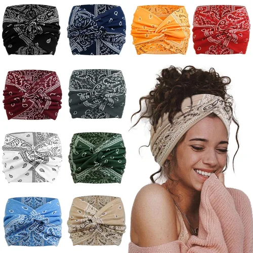 Miniatura 8 de AKTVSHOW Diademas de 7 pulgadas de ancho para mujer, paquete de 10 diademas grandes estilo turbante bohemio a la moda, bandas para el cabello