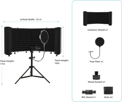 Miniatura 5 de Escudo aislante para micrófono – Panel insonorizado plegable y ajustable para grabación, podcast, cabina vocal, estudio y uso doméstico