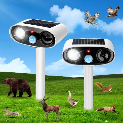 Repelente solar ultrasónico de animales para exteriores, dispositivos repelentes de ciervos y gatos, paquete de 2 unidades, repelente ultrasónico de