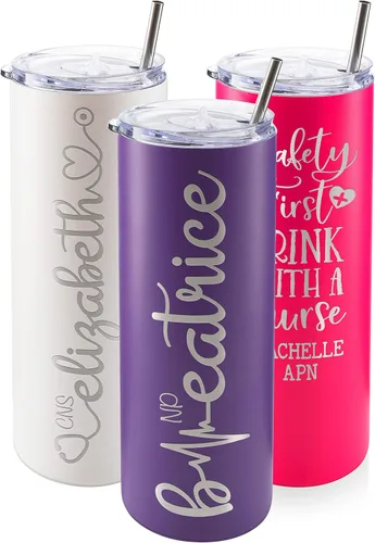 Miniatura 9 de Regalos de enfermera para mujeres, vaso personalizado para enfermera con nombre y especialidad, 20 onzas flacas, blanco, 8 diseños, con cepillo