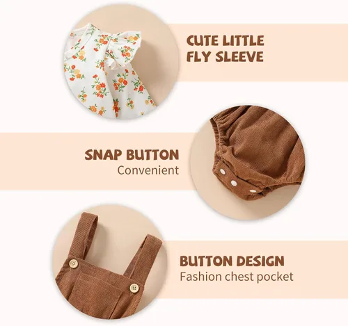 Miniatura 4 de Tiny Cutey Ropa de bebé recién nacida, mameluco de manga acampanada y overoles de pana, pantalones cortos, trajes de otoño para niña