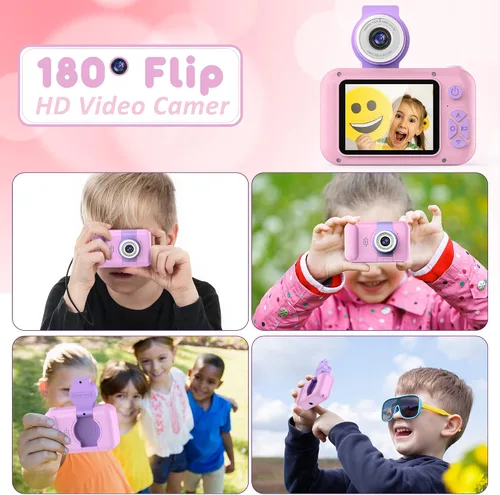 Miniatura 3 de Cámara para niños con lente giratoria de 180° para selfie y video, cámaras de video digitales HD para niños pequeños con tarjeta SD de 32 GB, ideal