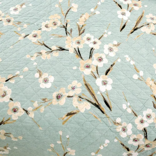 Miniatura 5 de Juego de cama de 3 piezas de edredón de algodón tamaño king, crema, flores de cerezo, floral, cian, azul, verde, ligero, reversible, cubrecama