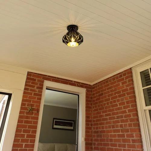 Miniatura 8 de Modern Geometric Ceiling Light, Black Metal Diamond Cage Design, Semi-Flush Mount, Industrial Style, E26, Matte Black with Gold Inside