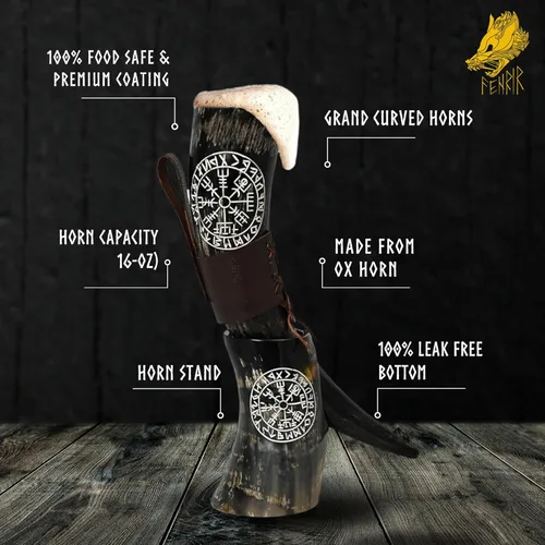 Miniatura 3 de FENRIR Cuerno vikingo para beber con soporte 16 oz – Regalos para hombres, papá, esposo – Taza natural de cuerno de buey con abrebotellas de Thor